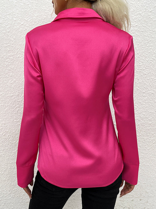 Buttoned Solid Color Long Sleeves Loose Lapel Blouses&Shirts Tops