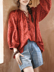 Hollow Pleated Solid Color Split-Joint Tied Long Sleeves Loose V-Neck Blouses&Shirts Tops