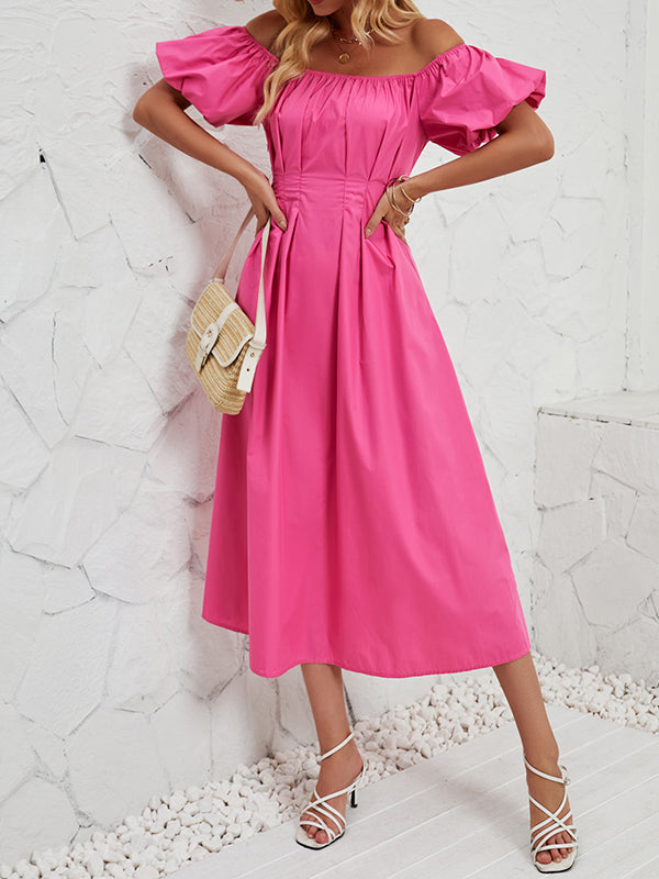 Elasticity Pleated Solid Color Split-Joint Loose Puff Sleeves Off-The-Shoulder Midi Dresses