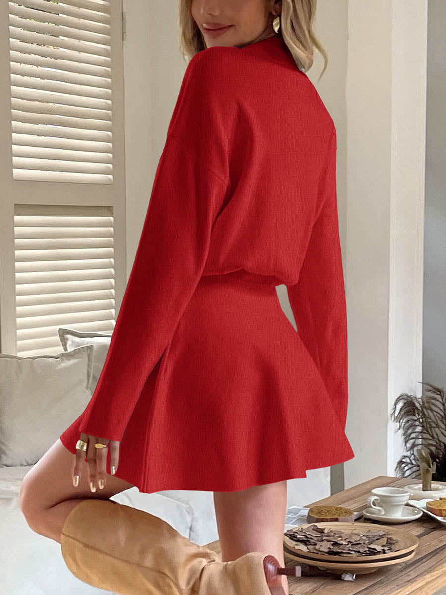 Elasticity Solid Color A-line High Waisted Round-neck Sweater Dresses Mini Dresses