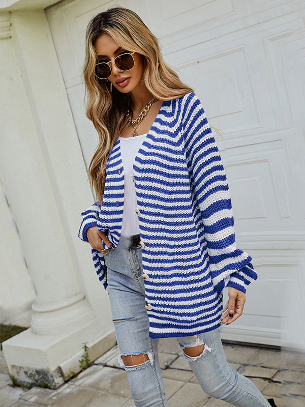 Casual Loose Long Sleeves Striped V-Neck Cardigan Tops