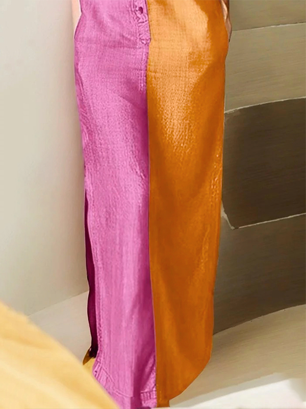 Long Sleeves Loose Buttoned Contrast Color Lapel Collar Maxi Dresses