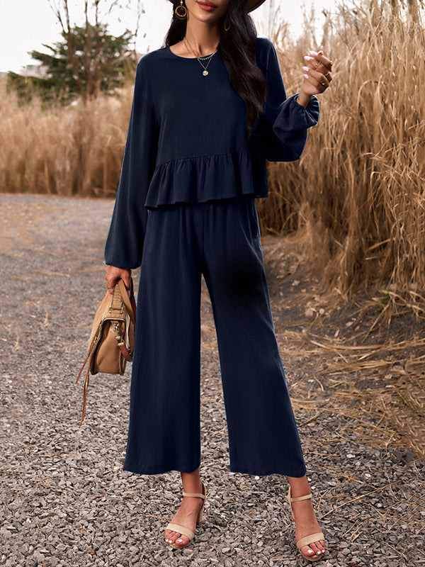 Round-Neck Long Sleeves Loose Pleated Solid Color Split-Joint Shirts Top + Pants Bottom Two Pieces Set