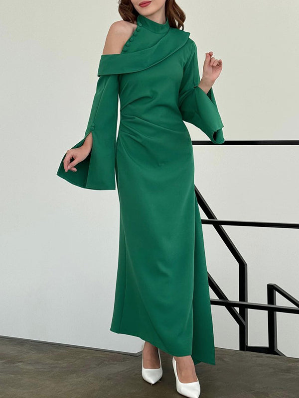 Flared Sleeves Asymmetric Buttoned Hollow Solid Color Zipper Cold Shoulder Evening Dresses Maxi Dresses