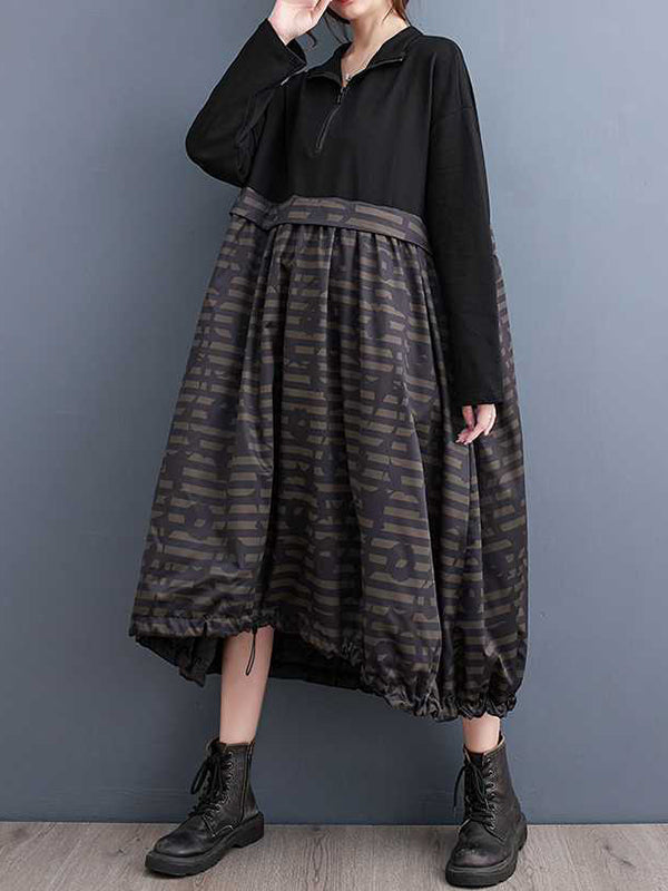 Drawstring Printed Split-Joint Zipper Long Sleeves Loose Midi Dresses