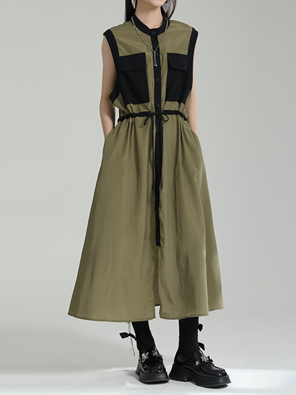Contrast Color Drawstring Split-Joint Tied Waist Loose Sleeveless Round-Neck Midi Dresses
