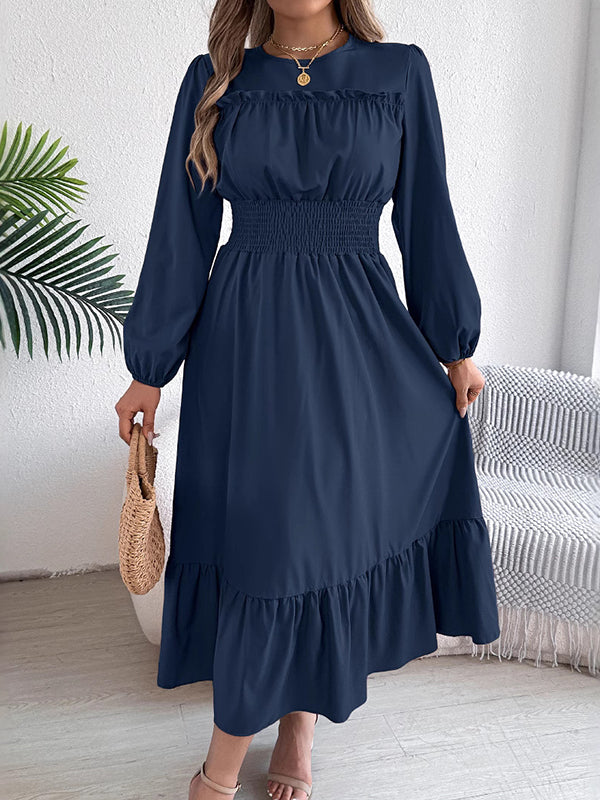 Pleated Solid Color A-Line Elasticated Waist Round-Neck Maxi Dresses
