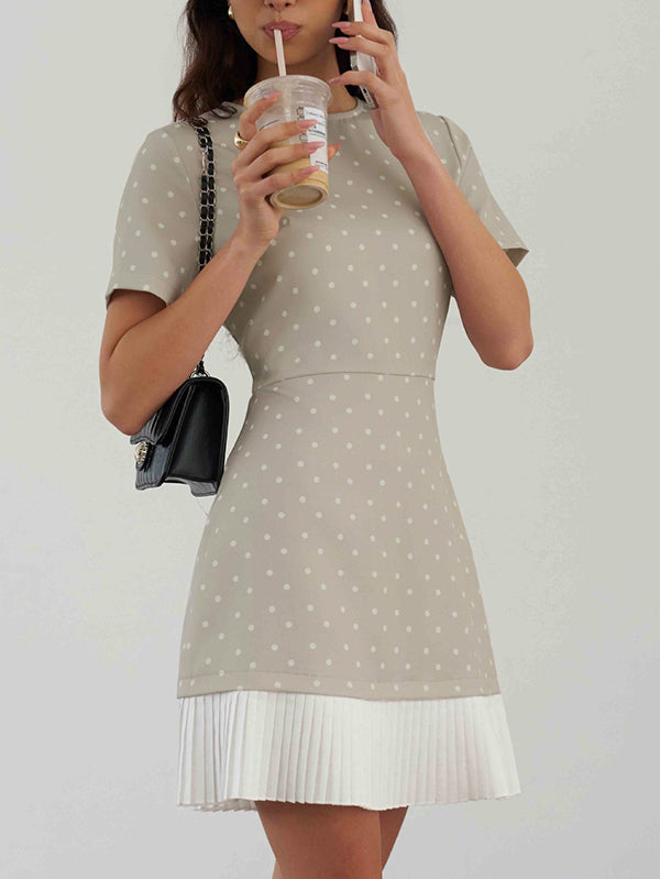 Pleated Polka-Dot Split-Joint A-Line High Waisted Round-Neck Mini Dresses