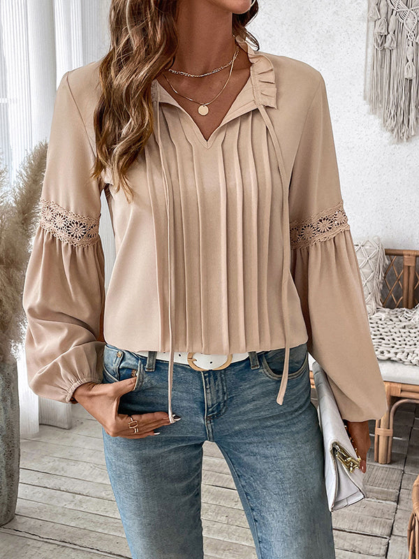 Pleated Solid Color Split-Joint Long Sleeves Loose V-Neck Blouses&Shirts Tops