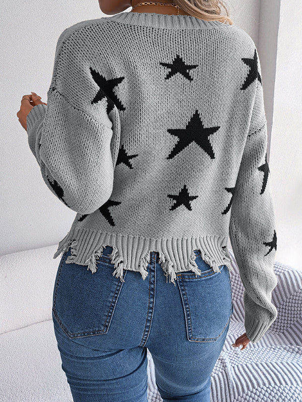 Contrast Color Fringed Split-Joint Long Sleeves Loose V-Neck Sweater Tops