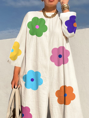 Contrast Color Floral Printed Flower Print Long Sleeves Loose Jumpsuits