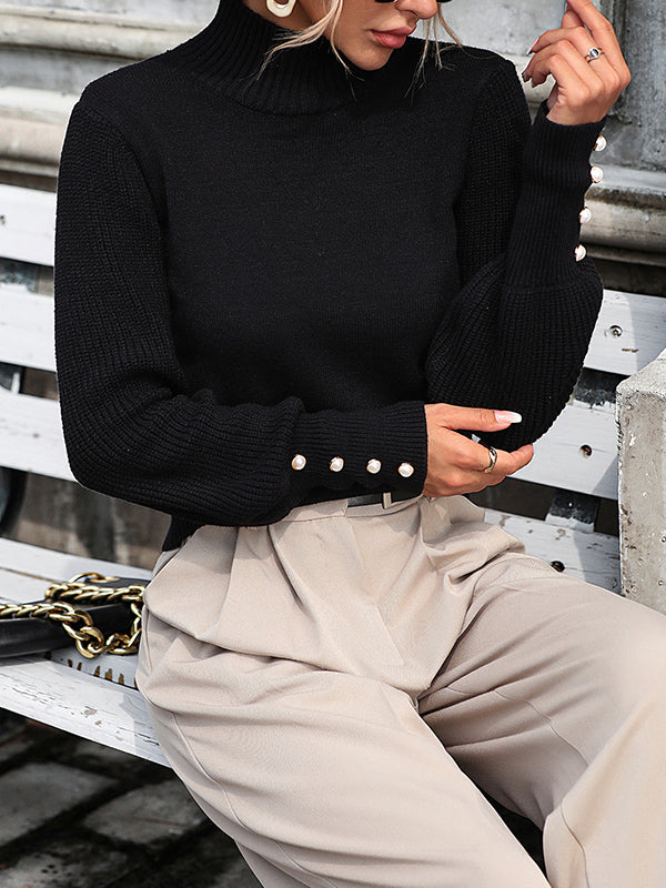 Beaded Split-Joint Long Sleeves Loose High-neck Sweater Tops Pullovers Knitwear