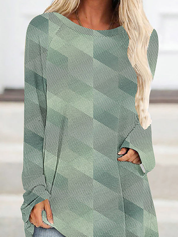 Printed High-low Long Sleeves Round-neck T-Shirts Tops