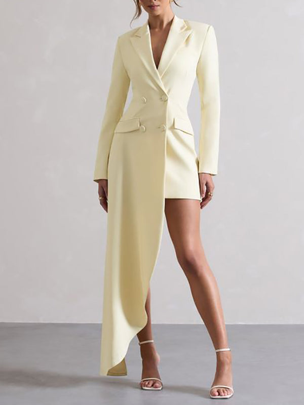Asymmetric Buttoned Pockets Solid Color Long Sleeves Notched Collar Blazer Maxi Dress