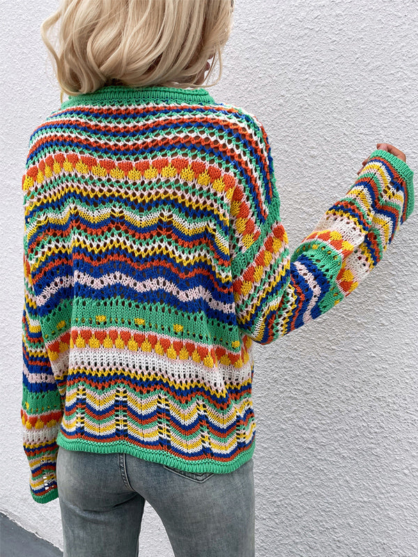 4 Colors Loose Contrast Color Round-Neck Sweater Top