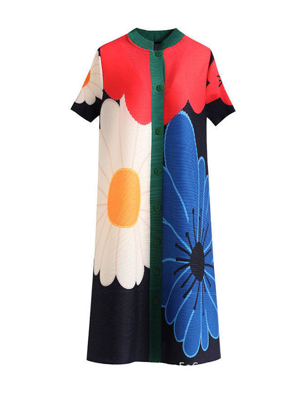 Buttoned Flower Print Pleated A-Line Loose Round-Neck Midi Dresses