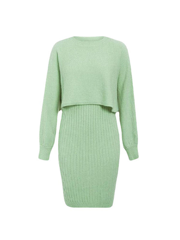 Round-Neck Long Sleeves Solid Color Sweater Top + Inner Dress Two Pieces Set