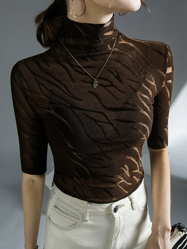 See-Through Half Sleeves Plus Size High Neck T-Shirts Tops