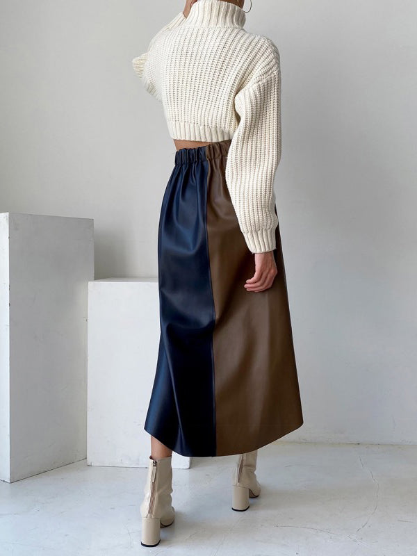 Asymmetric Contrast Color Split-Front A-Line High Waisted Skirts Bottoms