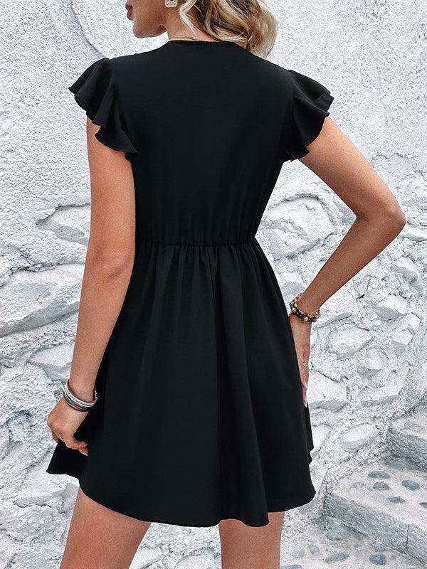 Hollow Pleated Ruffled Solid Color Split-Joint A-Line High Waisted Deep V-Neck Mini Dresses