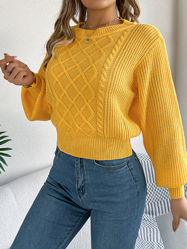Cable Knit Solid Color Elasticated Waist Long Sleeves Round-Neck Sweater Tops Knit Top