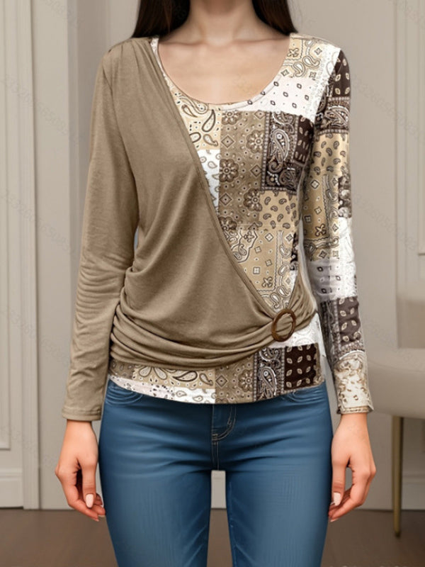 Asymmetric Buckle Contrast Color Pleated Split-Joint Irregularity Long Sleeves Round-Neck T-Shirts Tops