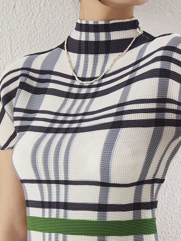 Contrast Color Pleated Short Sleeves Mock Neck T-Shirts Tops