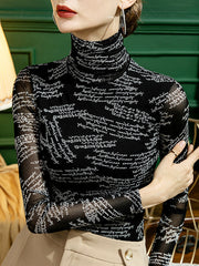 Gauze Letter Print Long Sleeves Skinny High-Neck T-Shirts