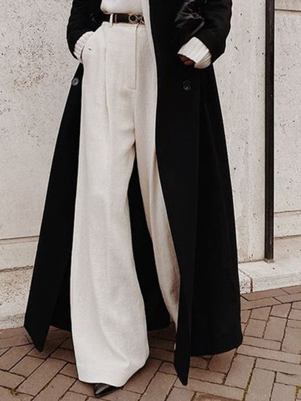 High-Waisted Solid Color Split-Joint Loose Straight Leg Trousers Pants