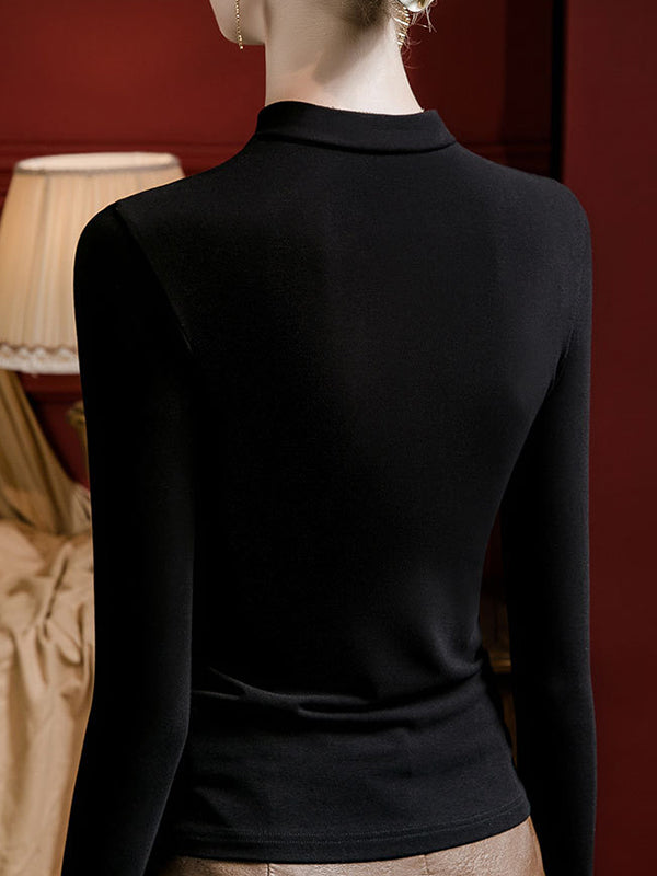 Hollow Pleated Printed Split-Joint Long Sleeves Plus Size Stand Collar T-Shirts Tops