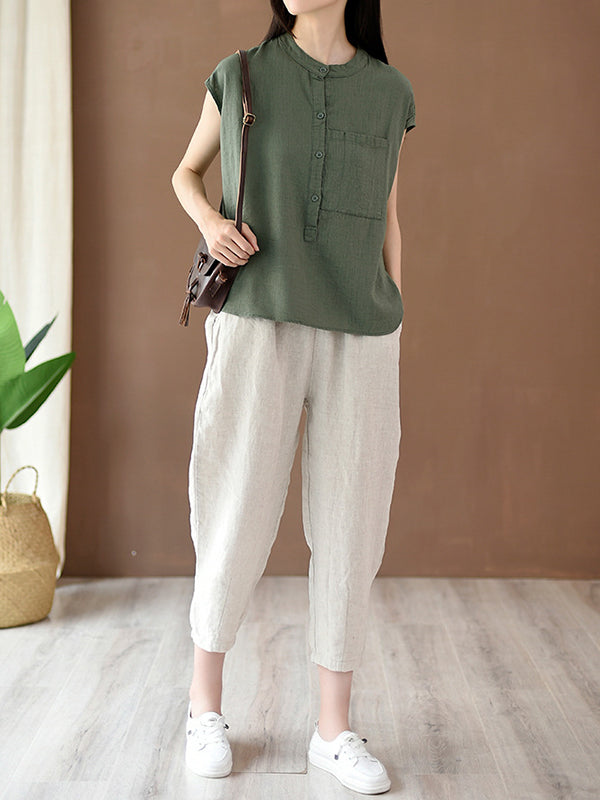 Solid Color Cap Sleeve High-Low Stand Collar Blouses&Shirts Tops