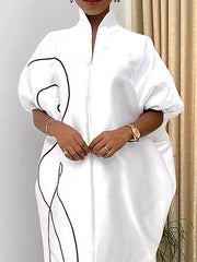 Half Sleeves Loose Elasticity Printed Split-Front Stand Collar Maxi Dresses