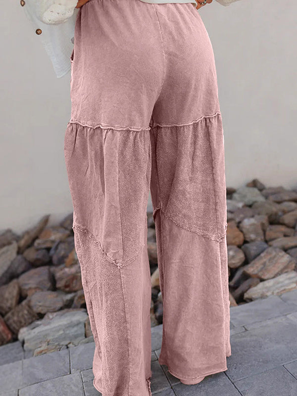 Drawstring Pleated Pockets Solid Color Split-Joint High Waisted Loose Trousers Pants