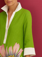 Buttoned Contrast Color Flower Print Loose Three-Quarter Sleeves Lapel Mini Dresses