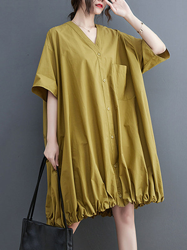 Elasticity Solid Color Half Sleeves Loose V-Neck Mini Dresses
