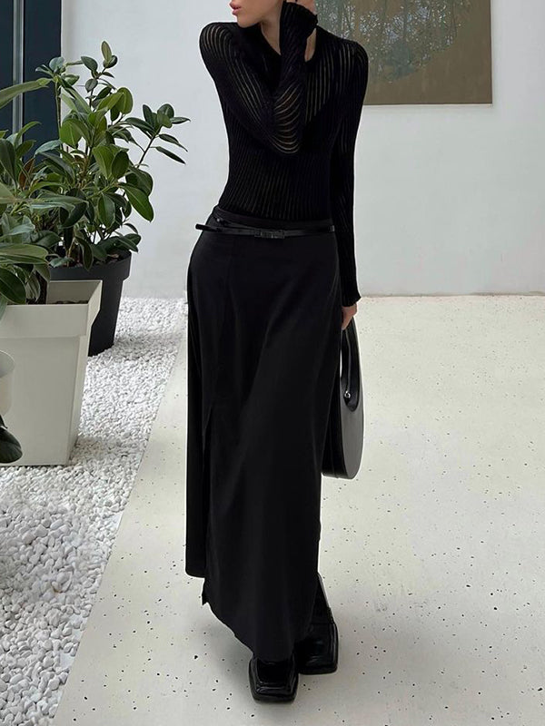 See-Through Split-Joint Long Sleeves Skinny Round-Neck T-Shirts