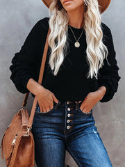Hollow Solid Color Long Sleeves Loose Round-Neck Sweater Tops Pullovers Knitwear