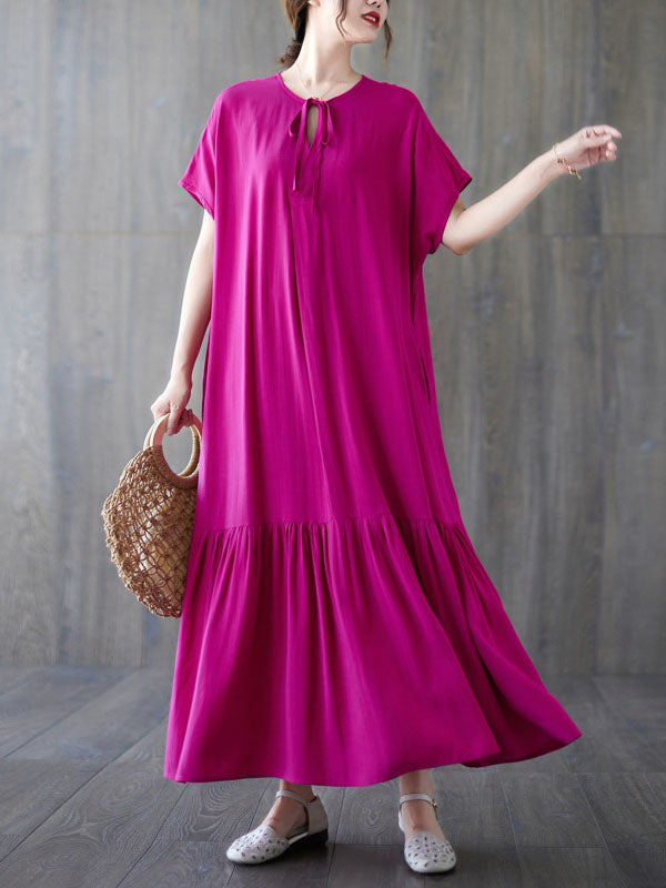 Lace-Up Pleated Solid Color Split-Joint Loose Short Sleeves Round-Neck Midi Dresses