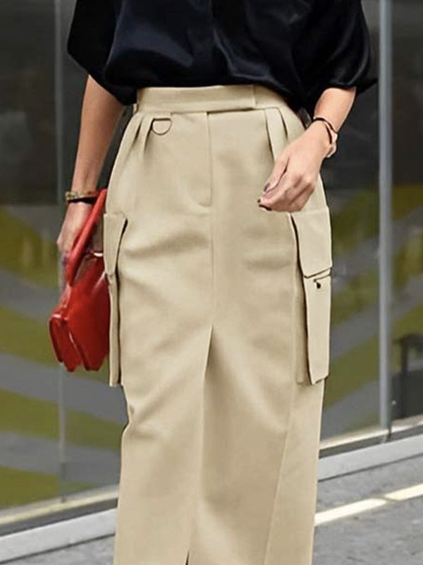 Pleated Pockets Solid Color Split-Front Split-Joint Zipper High Waisted Loose Skirts Bottoms