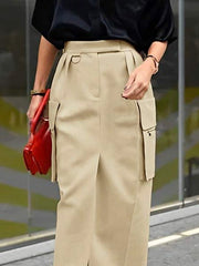 Pleated Pockets Solid Color Split-Front Split-Joint Zipper High Waisted Loose Skirts Bottoms