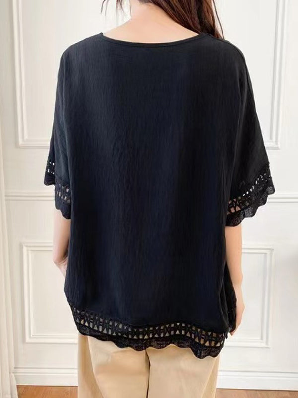 Hollow Solid Color Flared Sleeves Half Sleeves Round-Neck T-Shirts Tops