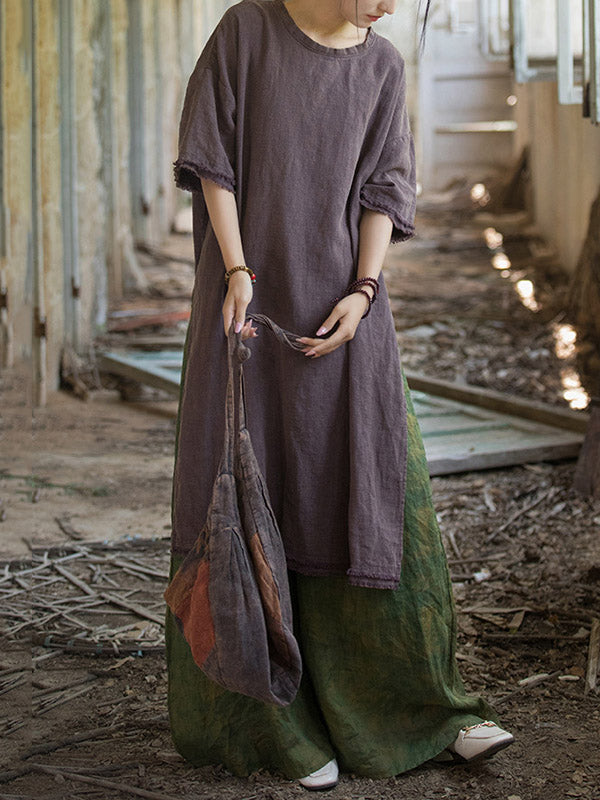 Fringed Solid Color Split-Joint Split-Side Half Sleeves High-Low Round-Neck Midi Dresses