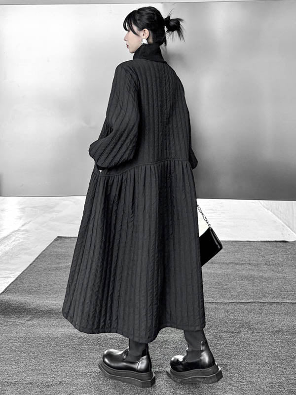 Embossed Pockets Quilted Solid Color Split-Joint A-Line Long Sleeves High Neck Sweater Dresses Midi Dresses