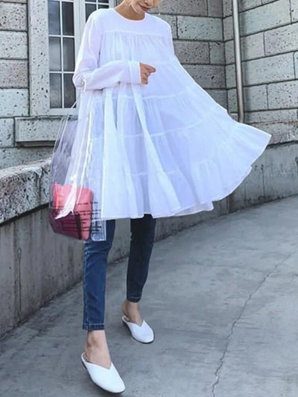 Irregularity Long Sleeves Pleated Solid Color Round-neck Blouses&shirts Tops