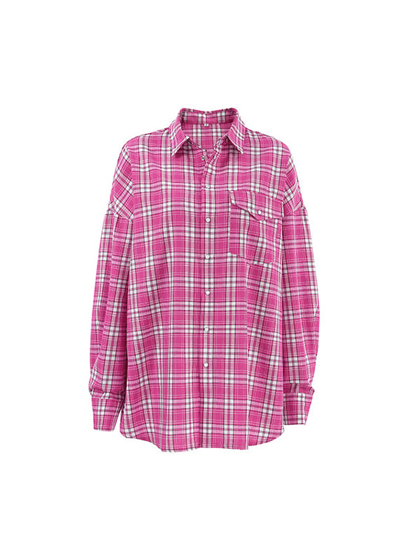 Buttoned Plaid Pockets Long Sleeves Loose Lapel Blouses&Shirts Tops