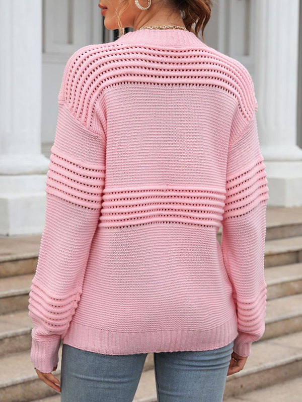 Hollow Solid Color Long Sleeves Loose Round-Neck Sweater Tops Pullovers Knitwear