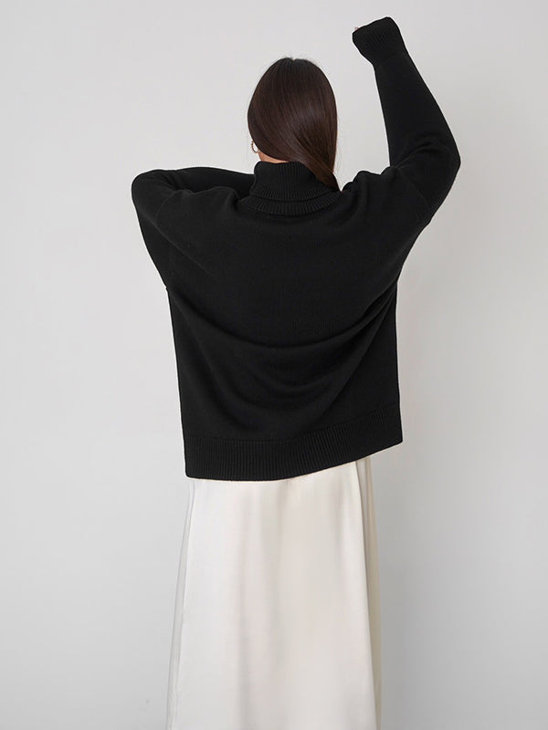 Casual Long Sleeves Loose Solid Color High-Neck Sweater Tops