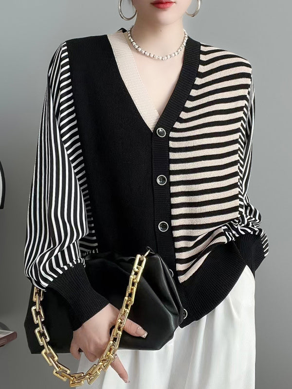 Buttoned Contrast Color Split-Joint Striped Long Sleeves Loose V-Neck Knitwear Cardigan Tops