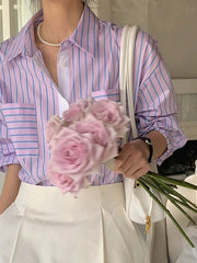 Buttoned Contrast Color Pockets Striped Long Sleeves Loose Lapel Blouses&Shirts Tops
