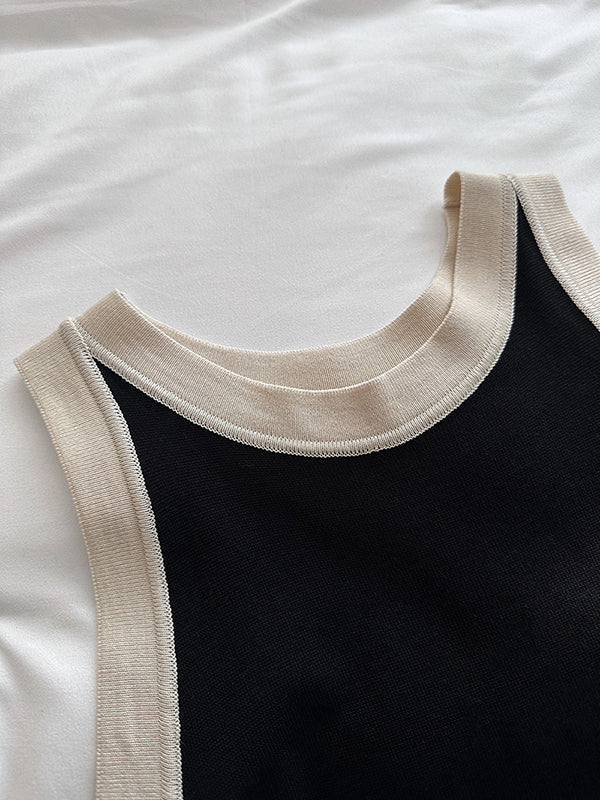 Contrast Color Loose Sleeveless Round-Neck Midi Dresses